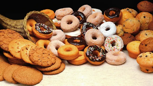 Verschiedene Kuchen, Kekse und Toffee Donuts herunterladen