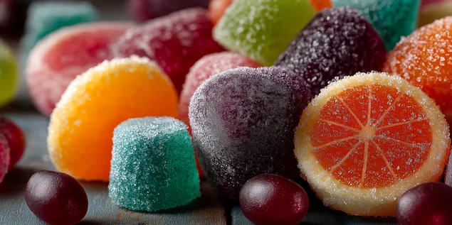 Assortiment van met suiker bestrooide gummies en ronde snoepplakjes 2K achtergrond