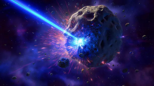 asteroid dopadnuty energetickym paprskem v kosmickem prostoru stahnout