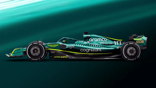 Aston martin amr22 formule 1 2022 nieuwe auto zijaanzicht en groene achtergrond