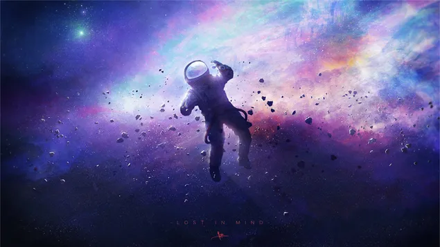 Astronaut and meteors in purple sky