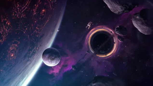 Astronaut and meteors moving from planets to black hole 4K wallpaper