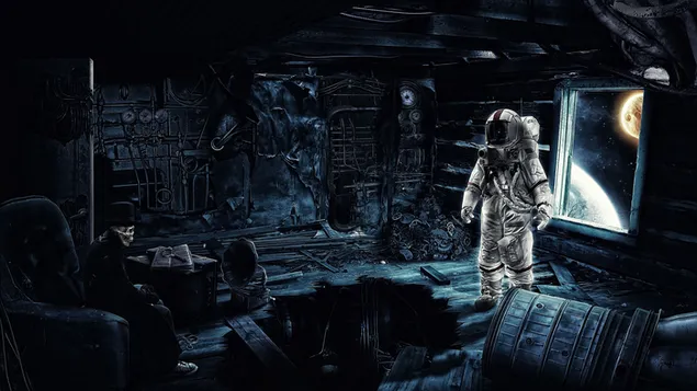 Astronaut, der Skelettmann gegenüberstellt