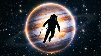 astronaut vznasejici se nad jupiterem v galaktickem prostoru stahnout
