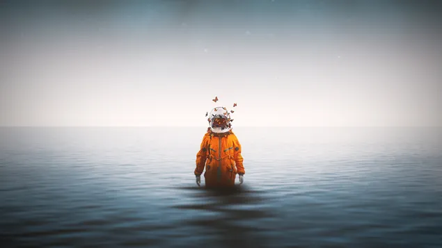 Astronauta volando en el mar con mariposas 4K fondo de pantalla