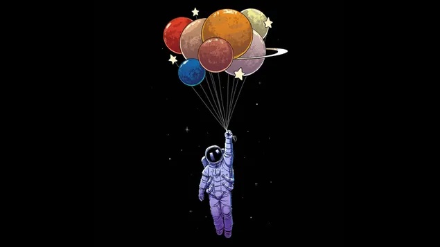 カラフルな風船で宇宙を飛ぶ宇宙飛行士