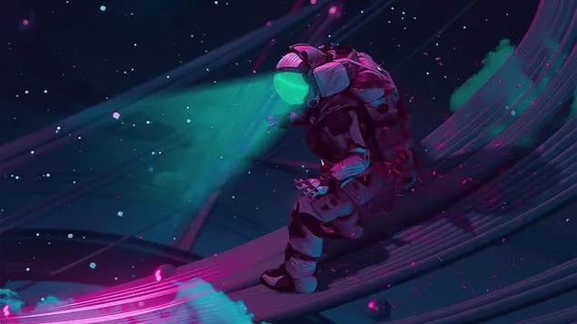 Astronaut glowing green neon light from his helmet 4K wallpaper