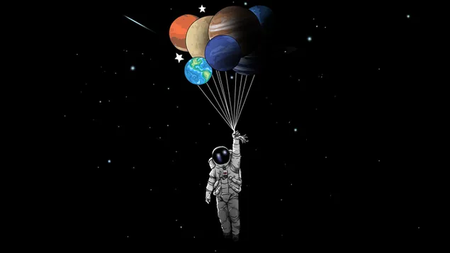 Astronaut hält Planeten am Seil wie Ballons