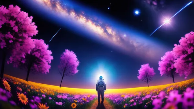 astronauta al camp de flors espacials baixada