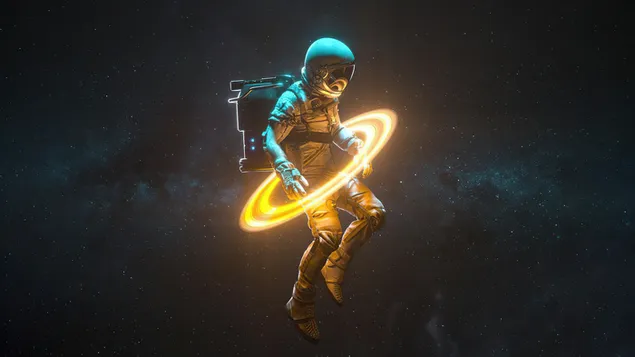 Astronauta en anillo amarillo de saturno 4K fondo de pantalla