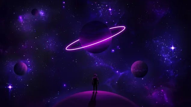 Astronaut kijkt naar paarse planeten download