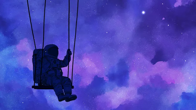 宇宙の紫色の空を背景に揺れる宇宙飛行士のシルエット 2K 壁紙