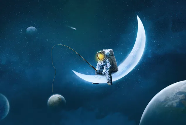 Astronaut sitting on the moon fishing 4K wallpaper