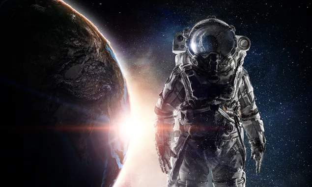 Astronauta de pie majestuosamente frente al planeta y el sol 4K fondo de pantalla