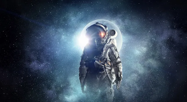 Astronaut standing majestically in front of the moon and sun