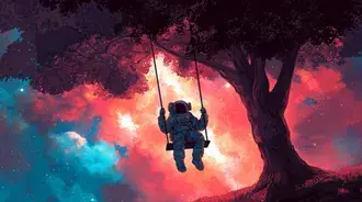 Tapeta Astronaut houpající se na stromě s kosmickou oblohou 2K