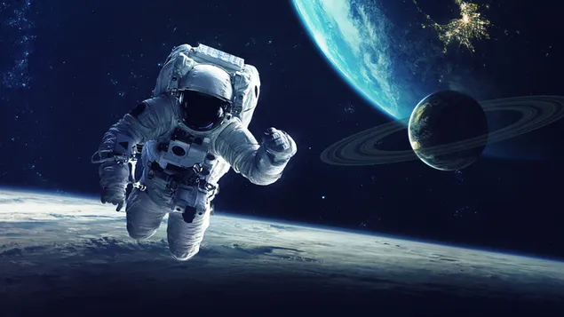Astronaut unter den Sternen im Weltraum zwischen Erde und Planeten herunterladen