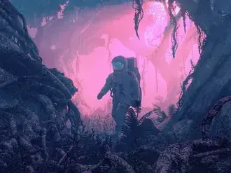 Astronauta andando na floresta futurista 2K papel de parede
