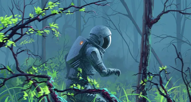 Astronaut wandert durch den Wald HD Hintergrundbild