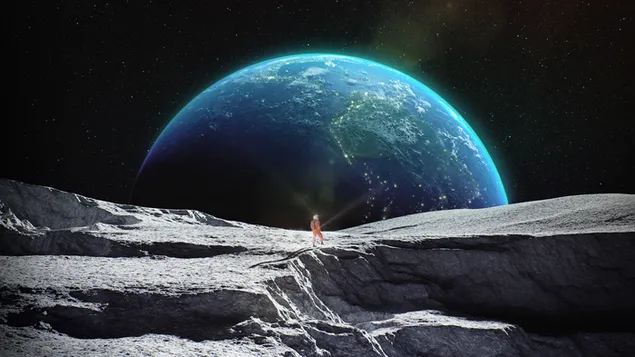Astronauta viendo una vista increíble de la tierra desde la superficie de la luna 2K fondo de pantalla
