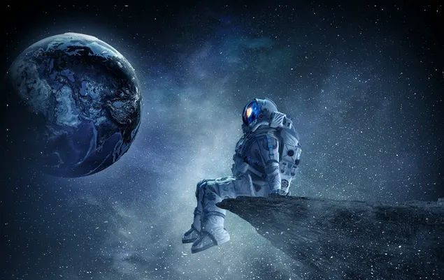 Astronaut beobachtet die Welt auf dem Felsen, auf dem er sitzt