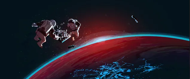Astronautas jugando al ajedrez en el espacio