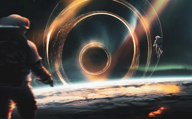 Astronautas mirando un agujero negro 4K fondo de pantalla
