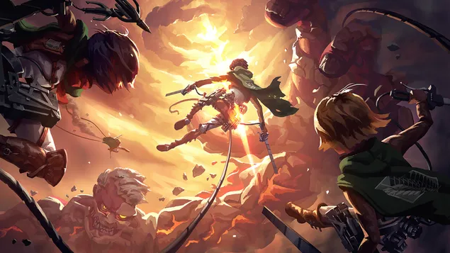 Attack On Titan - إرين ييغر ، ميكاسا أكرمان وأرمين أرليرت ضد تيتان المدرعة 4K خلفية