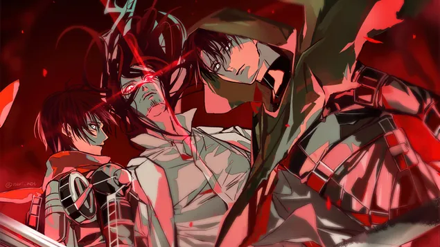 Páipéar balla Ionsaí ar Tíotán - Mikasa Ackerman, Eren Yeager & Levi Ackerman4K