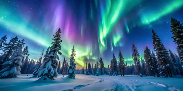 zorza polarna nad snieznym lasem, magiczna noc arktyczna pobierz