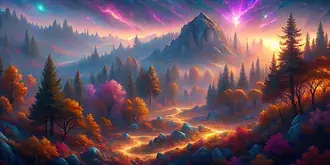 hutan musim gugur di pegunungan saat matahari terbenam dengan efek neon berkilau unduhan