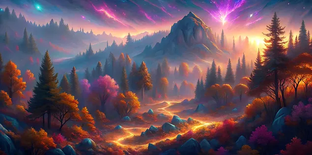 Ri Luo Shi Shan Zhong De Qiu Ji Sen Lin Yu Ni Hong Deng Shan Liang Xiao Guo Xia Zai