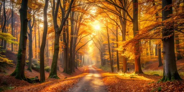 prezemete esenska shumska pateka, mirna proshetka niz drvjata so zlatni nijansi