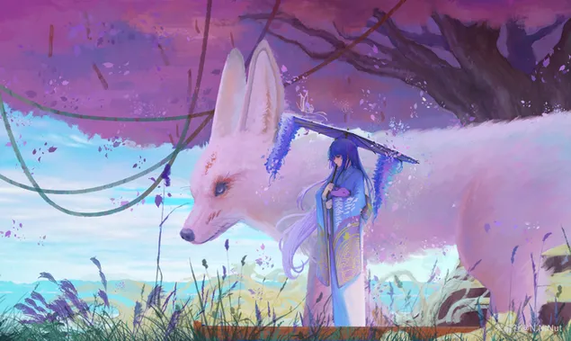 Malarstwo jesienne | Raiden z białym wilkiem (Ganshin Impact) 4K tapeta