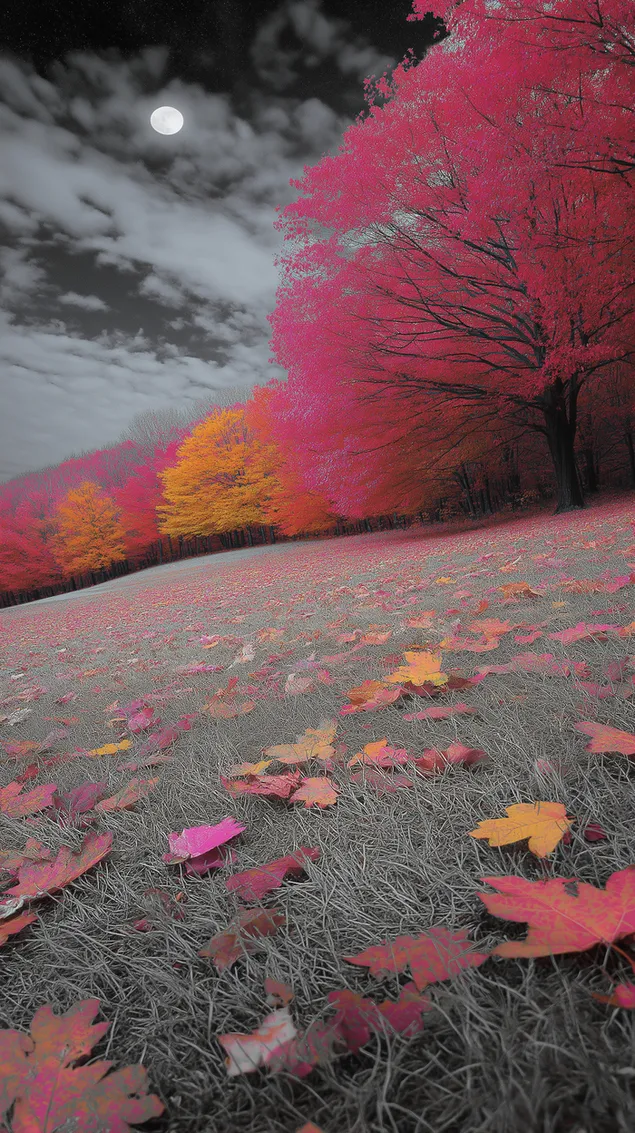 herfsparktoneel met bome en verspreide blare op die grond aflaai