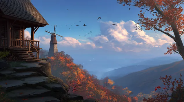 Høstlig fjellandskap med hytte og vindmølle 2K bakgrunn