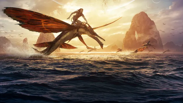 Avatar: avatars die boven water vliegen uit de film The Way of Water