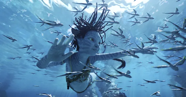 Avatar: The Way of Water serie jongen avatar zwemmen onder water