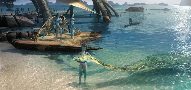 Avatar: Los personajes de la película de la serie The Way of Water junto al agua 4K fondo de pantalla
