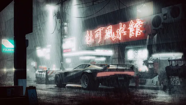 Awesome car on a rain street 4K wallpaper