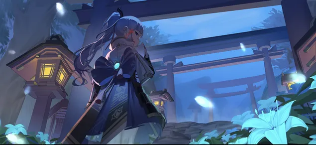 Ayaka alene gikk ut av huset alene om natten (Ganshin Impact) 4K bakgrunn