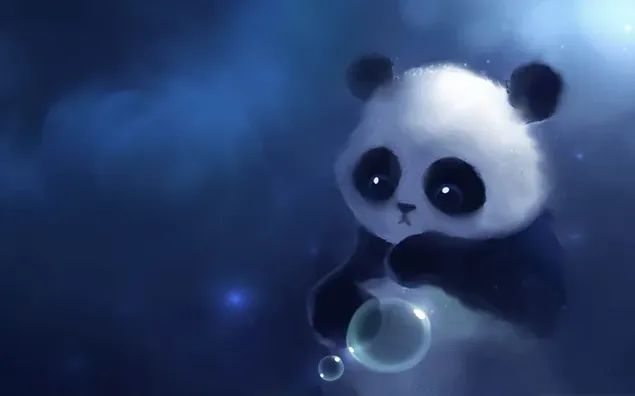 Bayi panda bermain dengan gelembung di depan latar belakang cahaya biru unduhan
