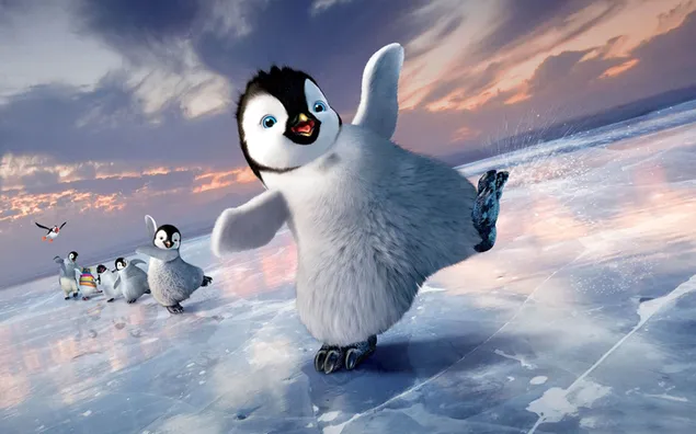 Bayi penguin menari kaki ceria di atas es 2K wallpaper