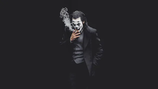 Foto hitam latar belakang joker berjaket dan tangan di saku 4K wallpaper