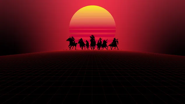 Muat turun Foto cahaya latar orang menunggang kuda di padang pasir dengan pemandangan bulan purnama dalam rona merah kuning
