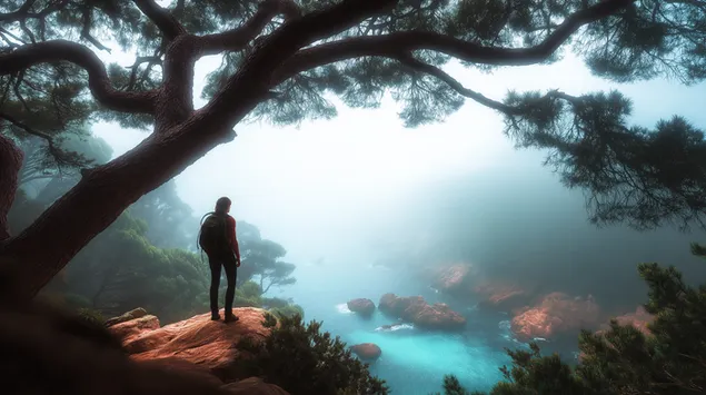 背包客俯瞰著霧氣瀰漫的海岸景觀和岩石 2K 壁紙