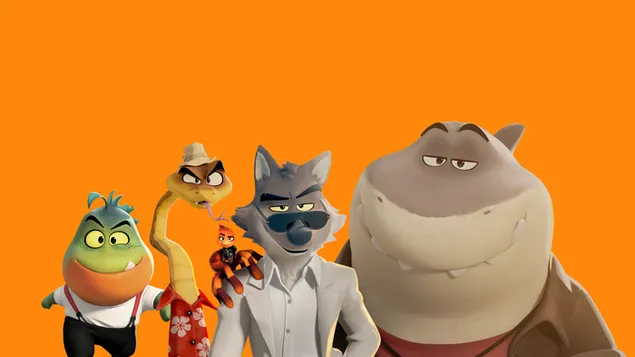 Los personajes de la película animada Bad Guys posan en masa con lobos, serpientes y otros animales frente a un fondo naranja
