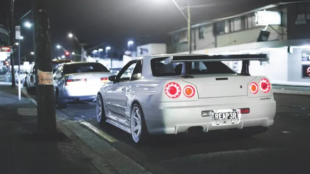 白い日産スカイライン gt-r r34 v-spec II 駐車場 ダウンロード