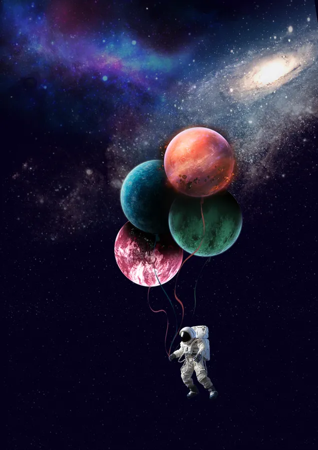 Balloon-looking planets and astronaut 2K wallpaper