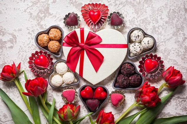 バレンタインデー-チューリップの花のギフトとチョコレート